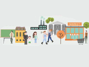 Picture shows illustrations of people walking in the street close to the market. This is used to symbolize the dissemination and communication of the procets' results.