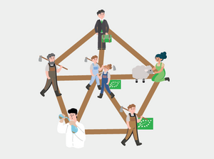 The illustration shows various stakeholders in the project, all interconnected.